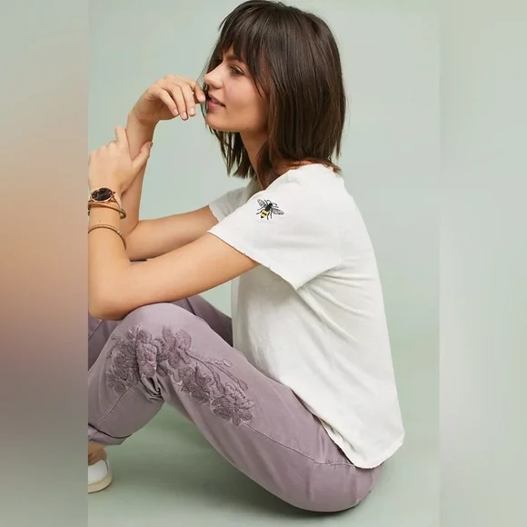 Anthropologie Relaxed Embroidered Chino Trousers in Lilac Size 25 - Picture 1 of 6